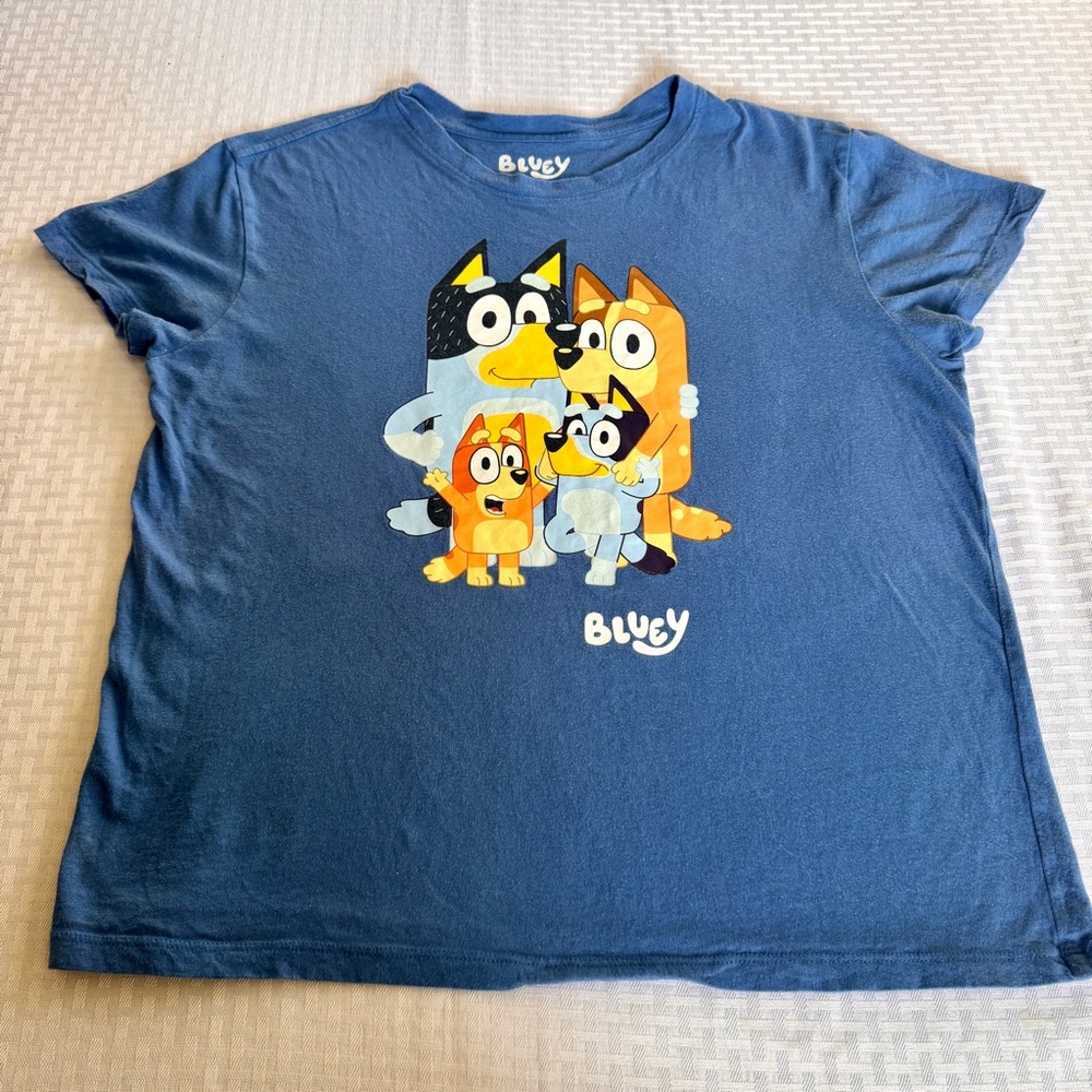 Bluey Family Heeler Graphic Tee Blue Cotton T-Shirt Medium Bandit Chilli Bingo
